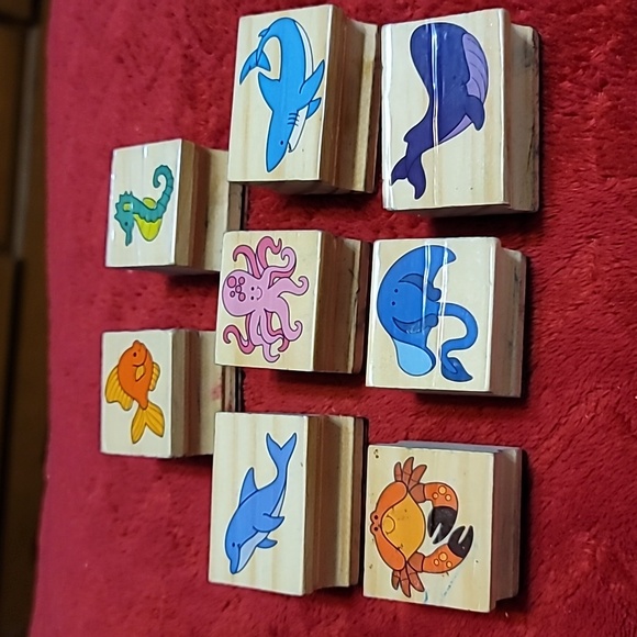 Set of 10 Marine Life Wooden Rubber Stamps - Picture 1 of 12